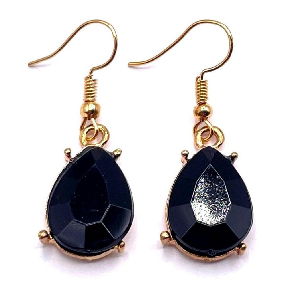 Yellow Gold with Black Onyx Crystal Tear Drop Dangling Hook Earrings